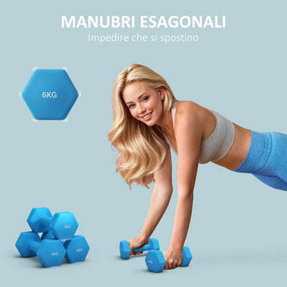 SPORTNOW Set of 2 Hexagonal Dumbbells 2x6kg in Metal and Plastic, Non-Slip Grip, 22x10x10 cm, Blue