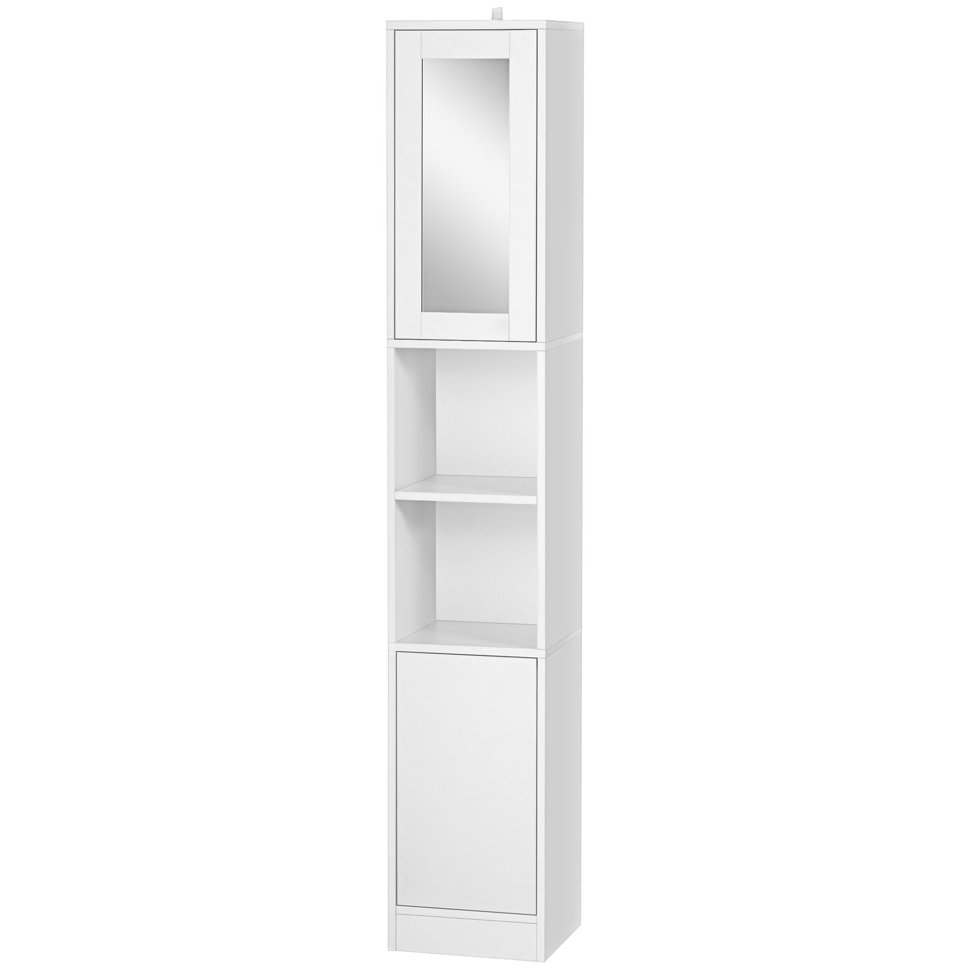 Bathroom Space Saver Cabinet with Mirror and Pressure Opening, Multi-Purpose Wooden Bathroom Cabinet, 30x28x170cm, White