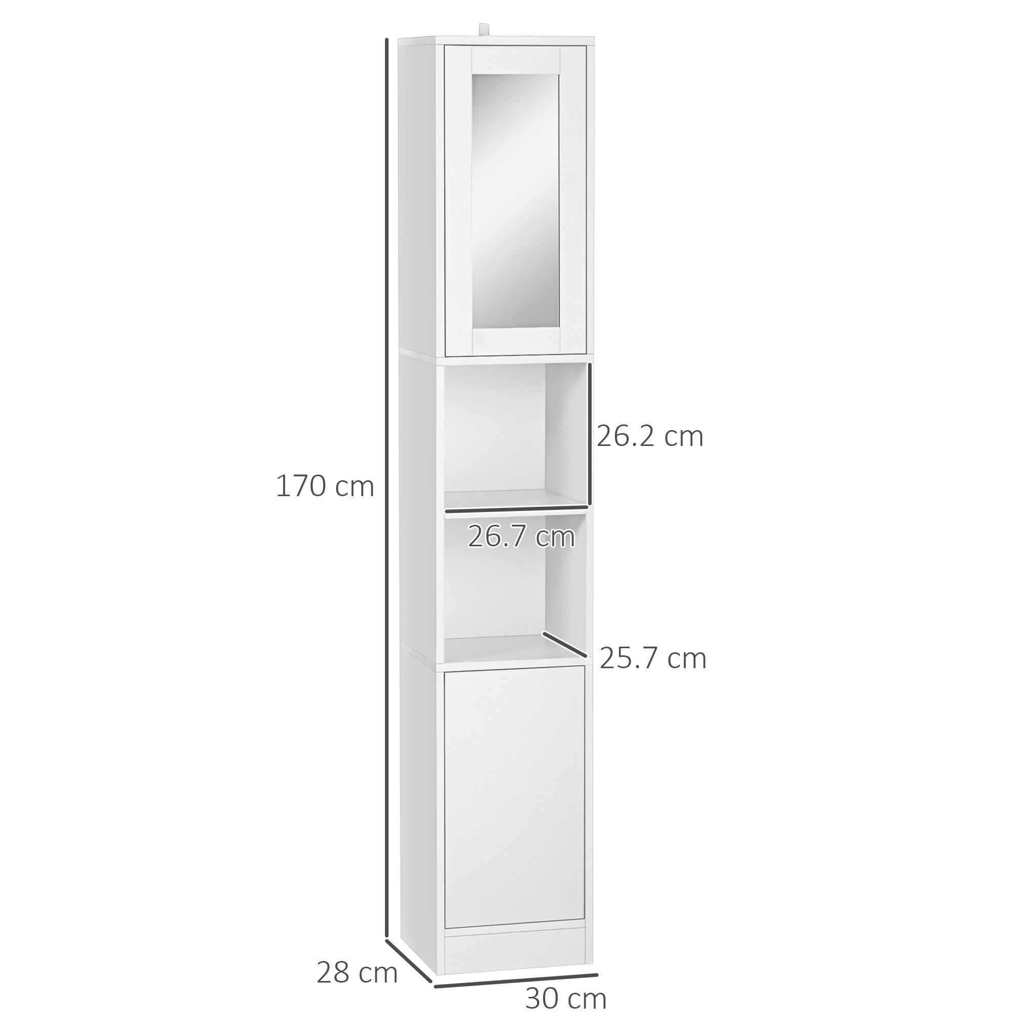 Bathroom Space Saver Cabinet with Mirror and Pressure Opening, Multi-Purpose Wooden Bathroom Cabinet, 30x28x170cm, White