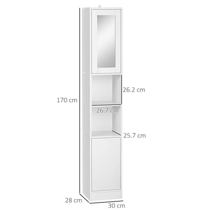 Bathroom Space Saver Cabinet with Mirror and Pressure Opening, Multi-Purpose Wooden Bathroom Cabinet, 30x28x170cm, White