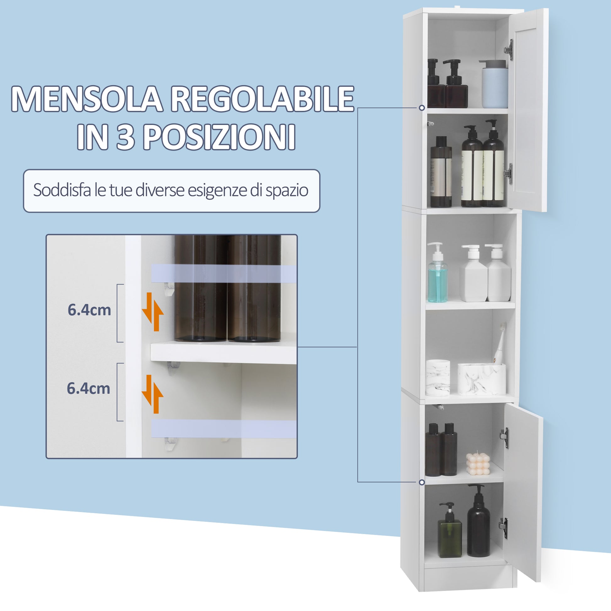 Bathroom Space Saver Cabinet with Mirror and Pressure Opening, Multi-Purpose Wooden Bathroom Cabinet, 30x28x170cm, White