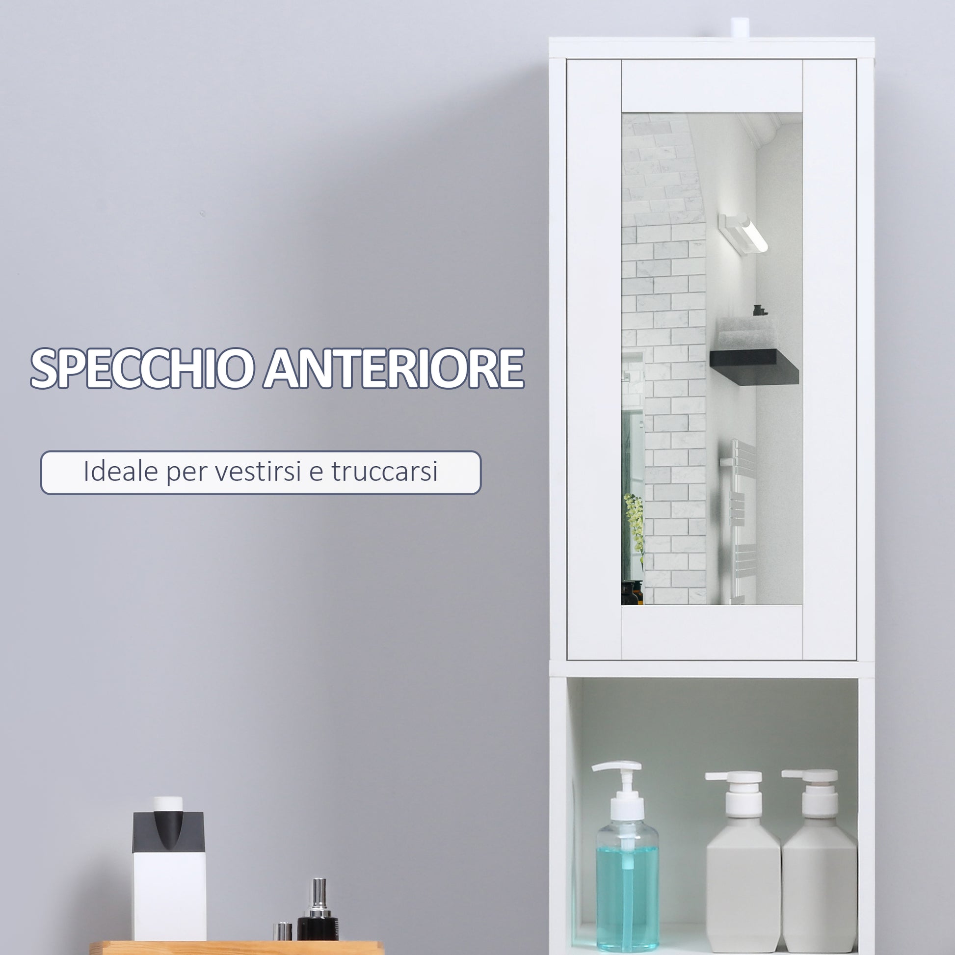 Bathroom Space Saver Cabinet with Mirror and Pressure Opening, Multi-Purpose Wooden Bathroom Cabinet, 30x28x170cm, White