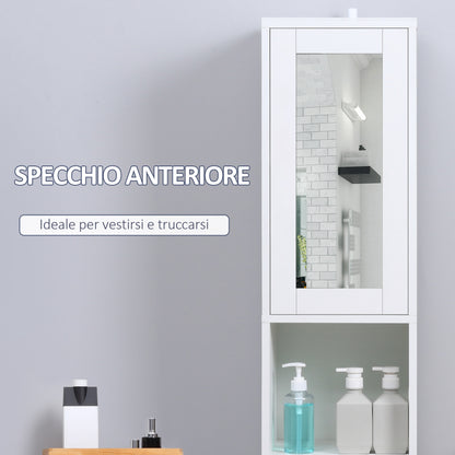 Bathroom Space Saver Cabinet with Mirror and Pressure Opening, Multi-Purpose Wooden Bathroom Cabinet, 30x28x170cm, White