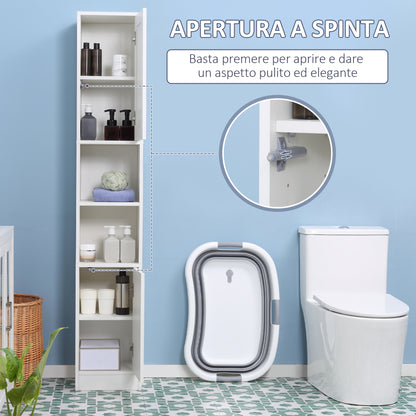 Bathroom Space Saver Cabinet with Mirror and Pressure Opening, Multi-Purpose Wooden Bathroom Cabinet, 30x28x170cm, White