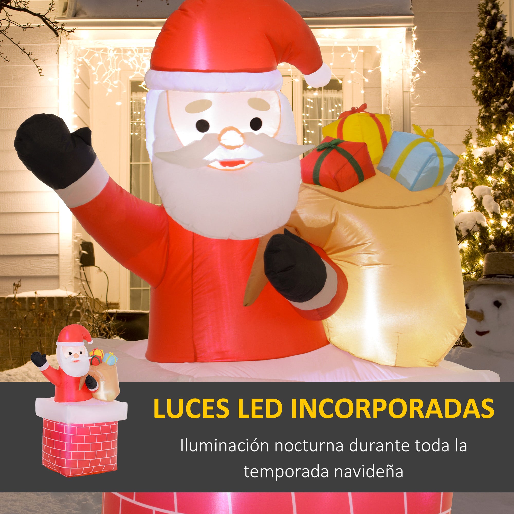 Inflatable Santa Claus with Gift Bag Coming out of a Chimney Christmas Inflatable Decoration with LED Lights for Outdoor Red