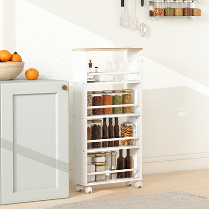 4-Tier Narrow Rolling Kitchen Cart with Handle & Brakes, Versatile Utility Trolley for Kitchen, Office, Bathroom — Natural