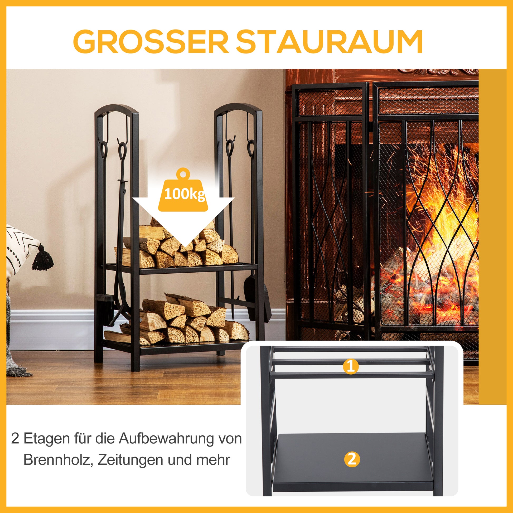 Metal Firewood Rack 40 x 30 x 74.5 cm Log Storage Helper Steel Frame up to 100kg Firewood Stand Outdoor Wood Rack Firewood Storage for Garden Patio Outside Black