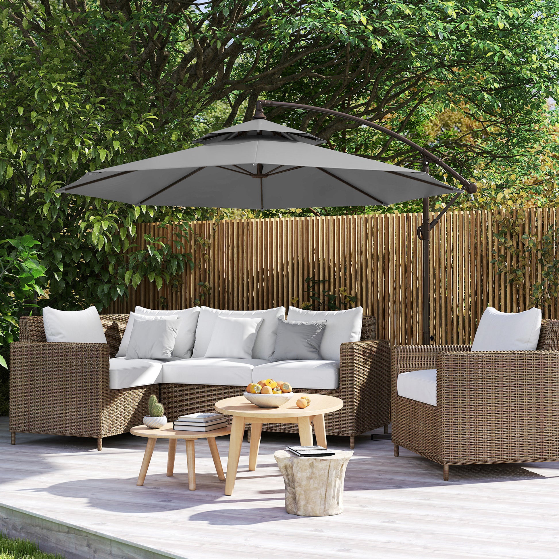 Cantilever Parasol Ø2.67 x 2.45 m Crank Umbrella with Double Roof Cross Base Steel Outdoor Sun Protection Polyester Steel Light Grey