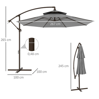 Cantilever Parasol Ø2.67 x 2.45 m Crank Umbrella with Double Roof Cross Base Steel Outdoor Sun Protection Polyester Steel Light Grey