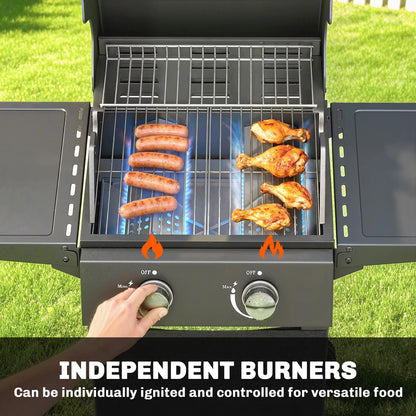 5.4 kW 2-Burner Propane Gas Grill Cart — Steel BBQ with Folding Side Shelves, Lid Thermometer, Chrome Cooking Grates, Warming Rack, Wheels & Storage Cabinet — Black