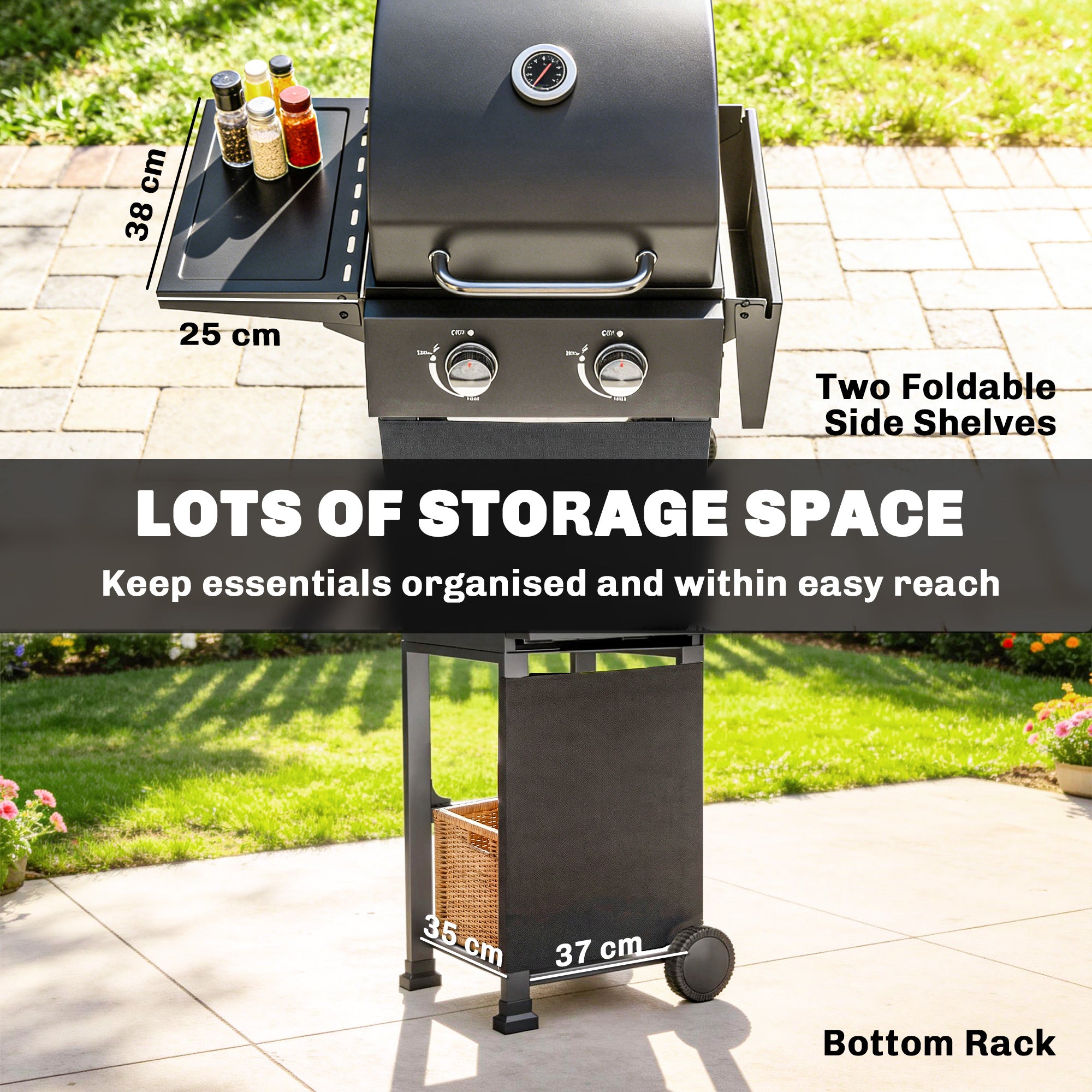 5.4 kW 2-Burner Propane Gas Grill Cart — Steel BBQ with Folding Side Shelves, Lid Thermometer, Chrome Cooking Grates, Warming Rack, Wheels & Storage Cabinet — Black