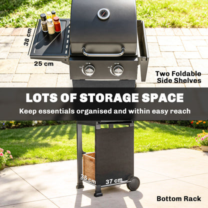 5.4 kW 2-Burner Propane Gas Grill Cart — Steel BBQ with Folding Side Shelves, Lid Thermometer, Chrome Cooking Grates, Warming Rack, Wheels & Storage Cabinet — Black