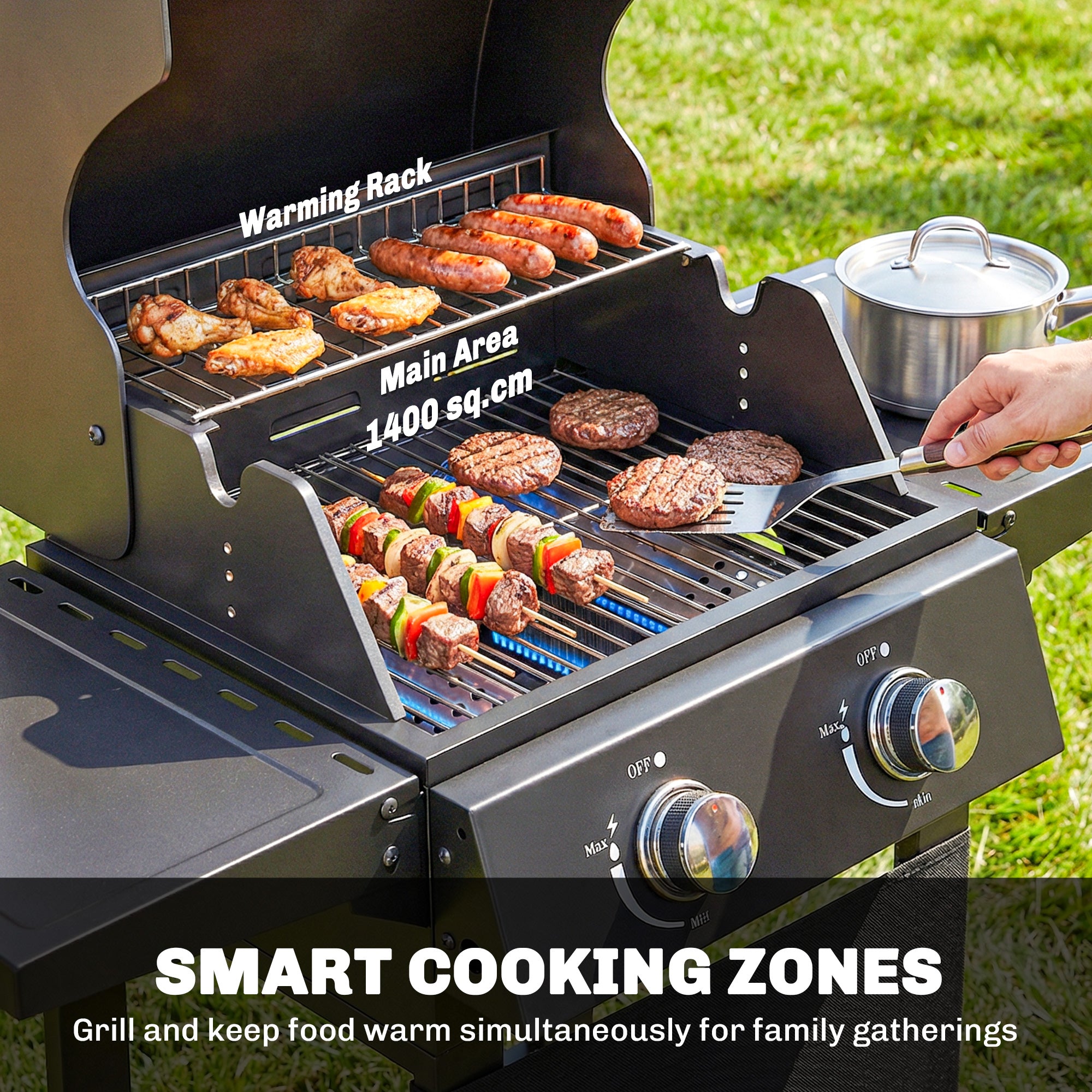 5.4 kW 2-Burner Propane Gas Grill Cart — Steel BBQ with Folding Side Shelves, Lid Thermometer, Chrome Cooking Grates, Warming Rack, Wheels & Storage Cabinet — Black