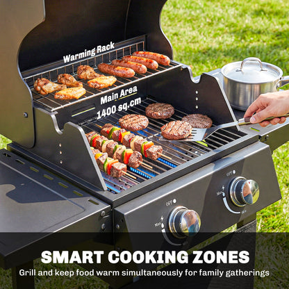 5.4 kW 2-Burner Propane Gas Grill Cart — Steel BBQ with Folding Side Shelves, Lid Thermometer, Chrome Cooking Grates, Warming Rack, Wheels & Storage Cabinet — Black