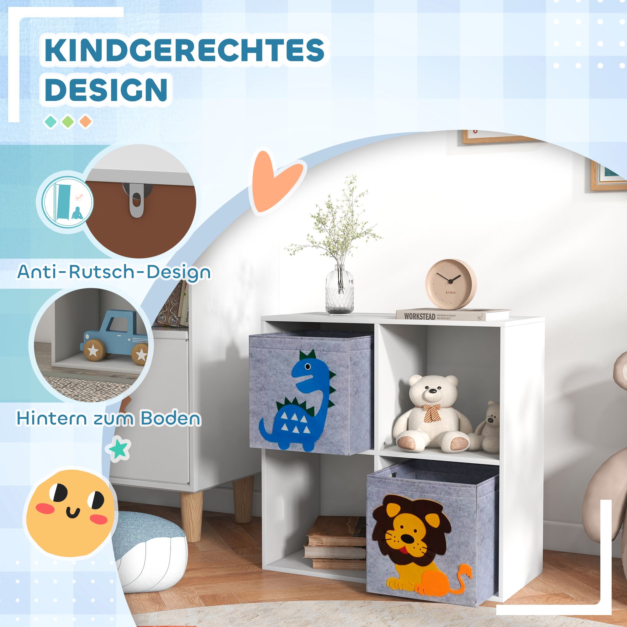 ZONEKIZ Children's Shelf Bookshelf with 2 Storage Boxes Children's Room Shelf Toy Shelf for Children's Room White+Grey 61.8 x 29.9 x 61.8 cm