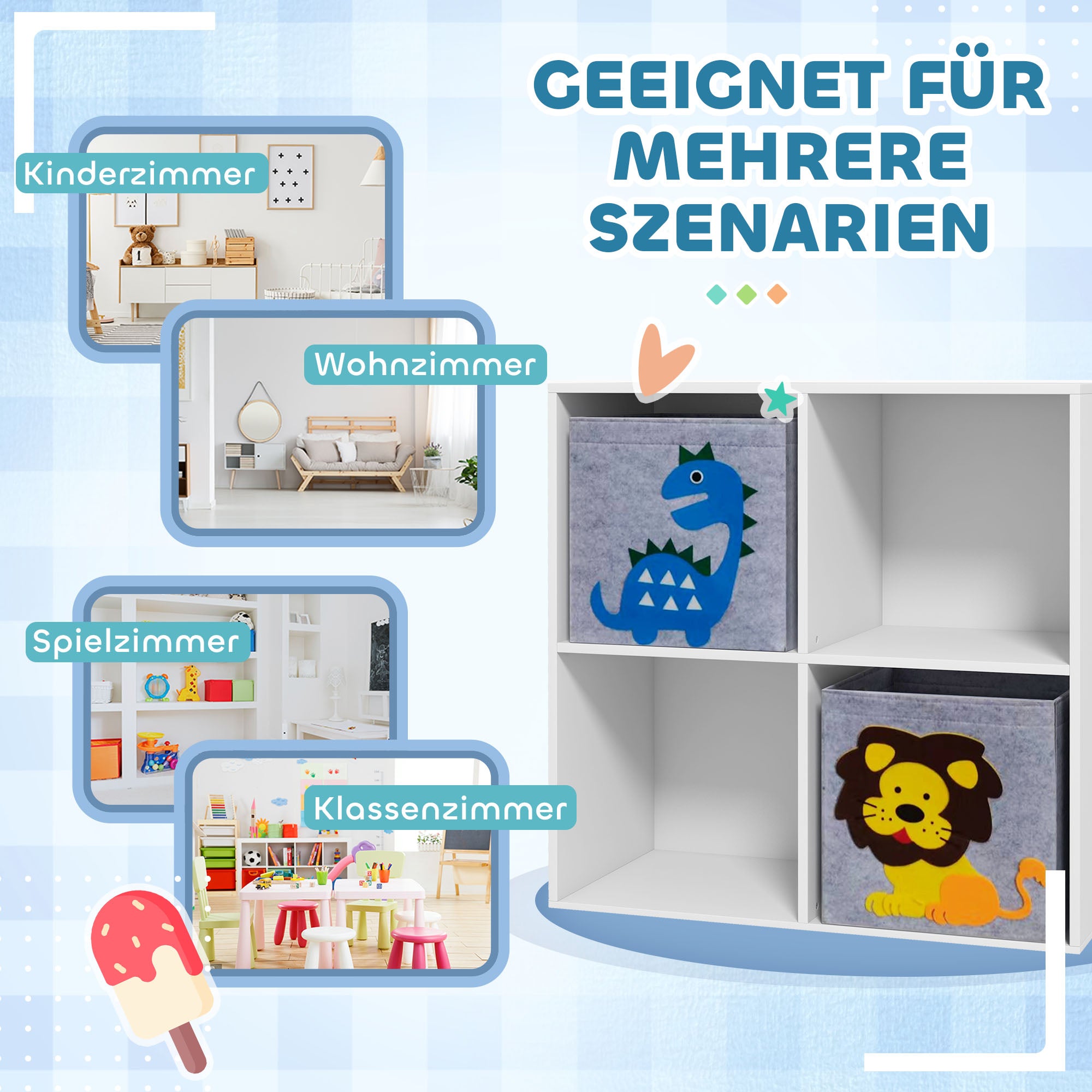 ZONEKIZ Children's Shelf Bookshelf with 2 Storage Boxes Children's Room Shelf Toy Shelf for Children's Room White+Grey 61.8 x 29.9 x 61.8 cm