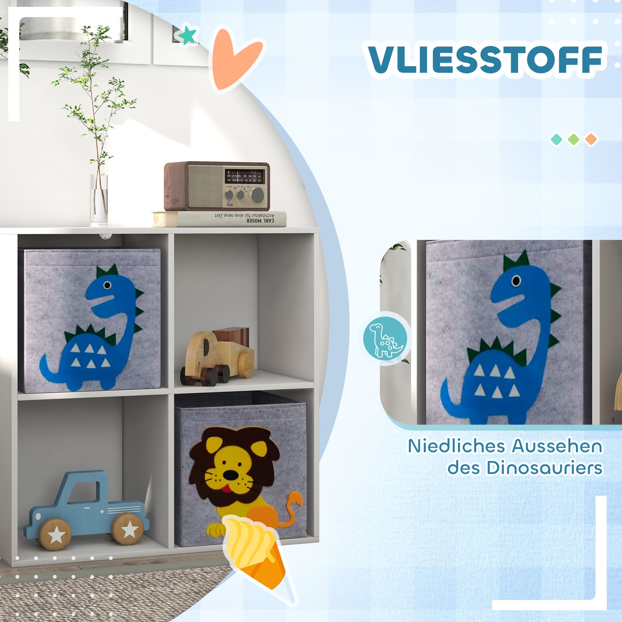 ZONEKIZ Children's Shelf Bookshelf with 2 Storage Boxes Children's Room Shelf Toy Shelf for Children's Room White+Grey 61.8 x 29.9 x 61.8 cm
