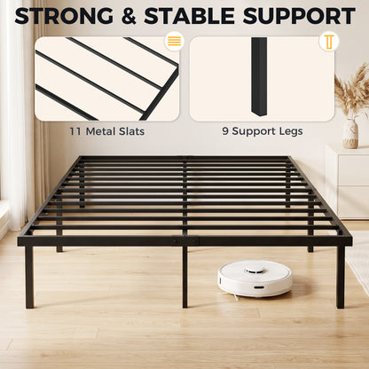 Metal Bed Frame with Under-Bed Storage, 14 in Height, Slatted Base, Quiet Design — No Box Spring Needed, Easy Assembly — 55 x 79 in (140 x 200 cm), Black
