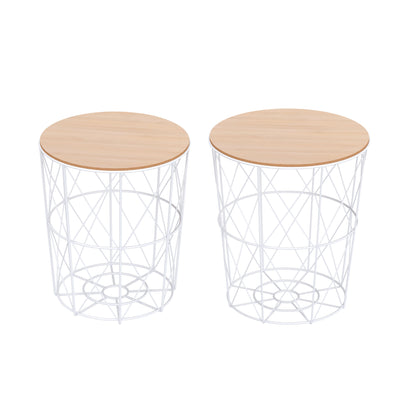 Round Coffee Table 2-Piece Set Stackable Living Room Table Side Table with Removable Lid Nesting Table Coffee Table with Metal Frame for Living Room Natural+White