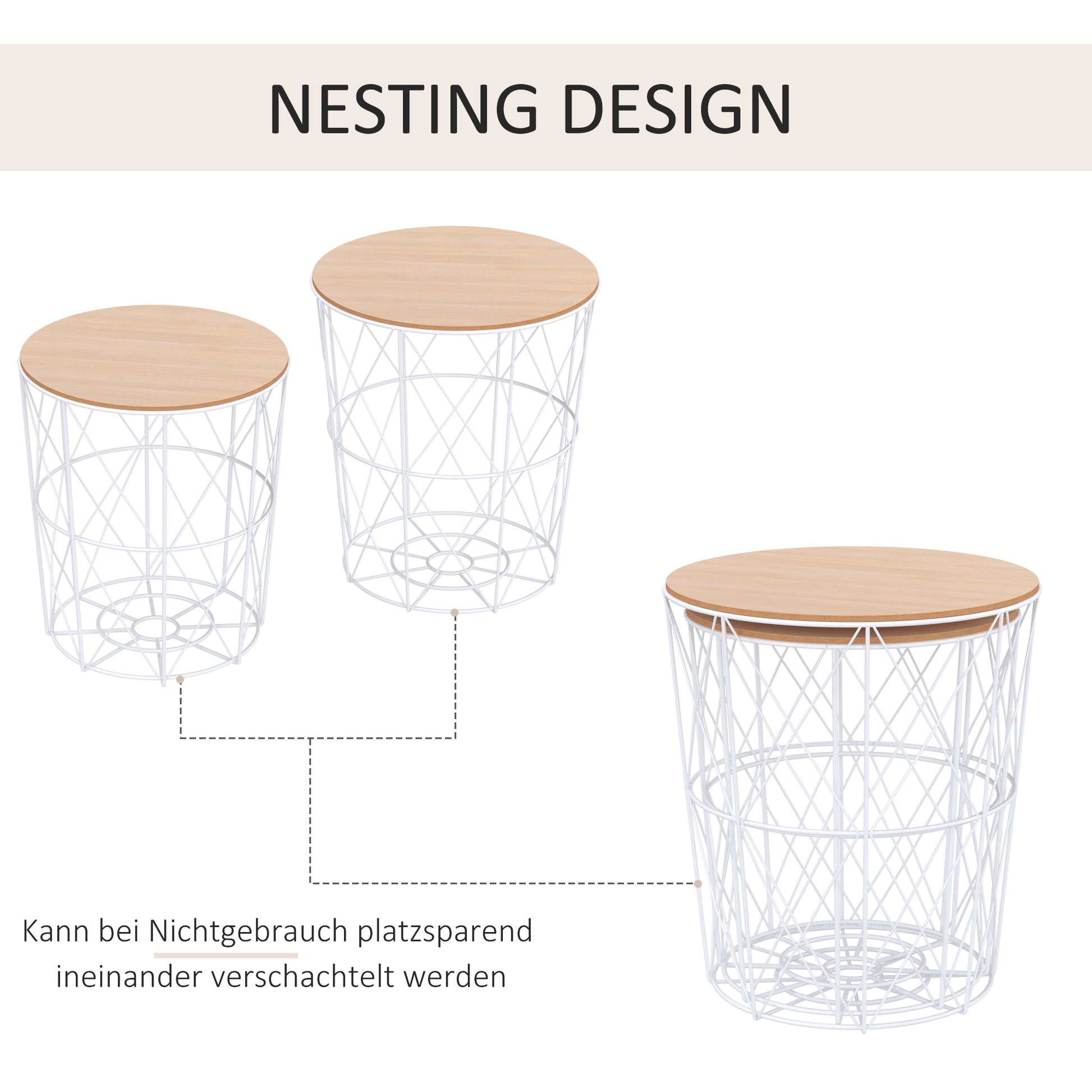 Round Coffee Table 2-Piece Set Stackable Living Room Table Side Table with Removable Lid Nesting Table Coffee Table with Metal Frame for Living Room Natural+White