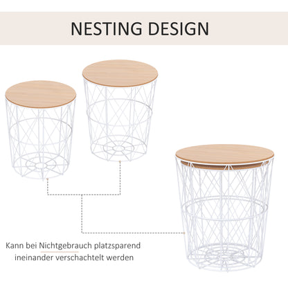 Round Coffee Table 2-Piece Set Stackable Living Room Table Side Table with Removable Lid Nesting Table Coffee Table with Metal Frame for Living Room Natural+White