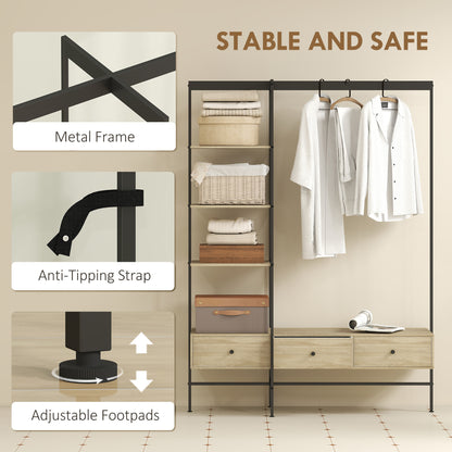 4-in-1 Freestanding Coat Rack with Shelves, Drawers & Hanging Rod — Oak Finish, Metal Frame, Anti-Tip (70.9" H)