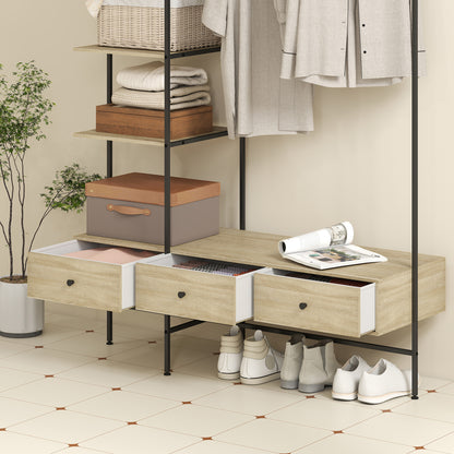4-in-1 Freestanding Coat Rack with Shelves, Drawers & Hanging Rod — Oak Finish, Metal Frame, Anti-Tip (70.9" H)