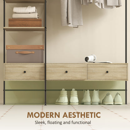 4-in-1 Freestanding Coat Rack with Shelves, Drawers & Hanging Rod — Oak Finish, Metal Frame, Anti-Tip (70.9" H)