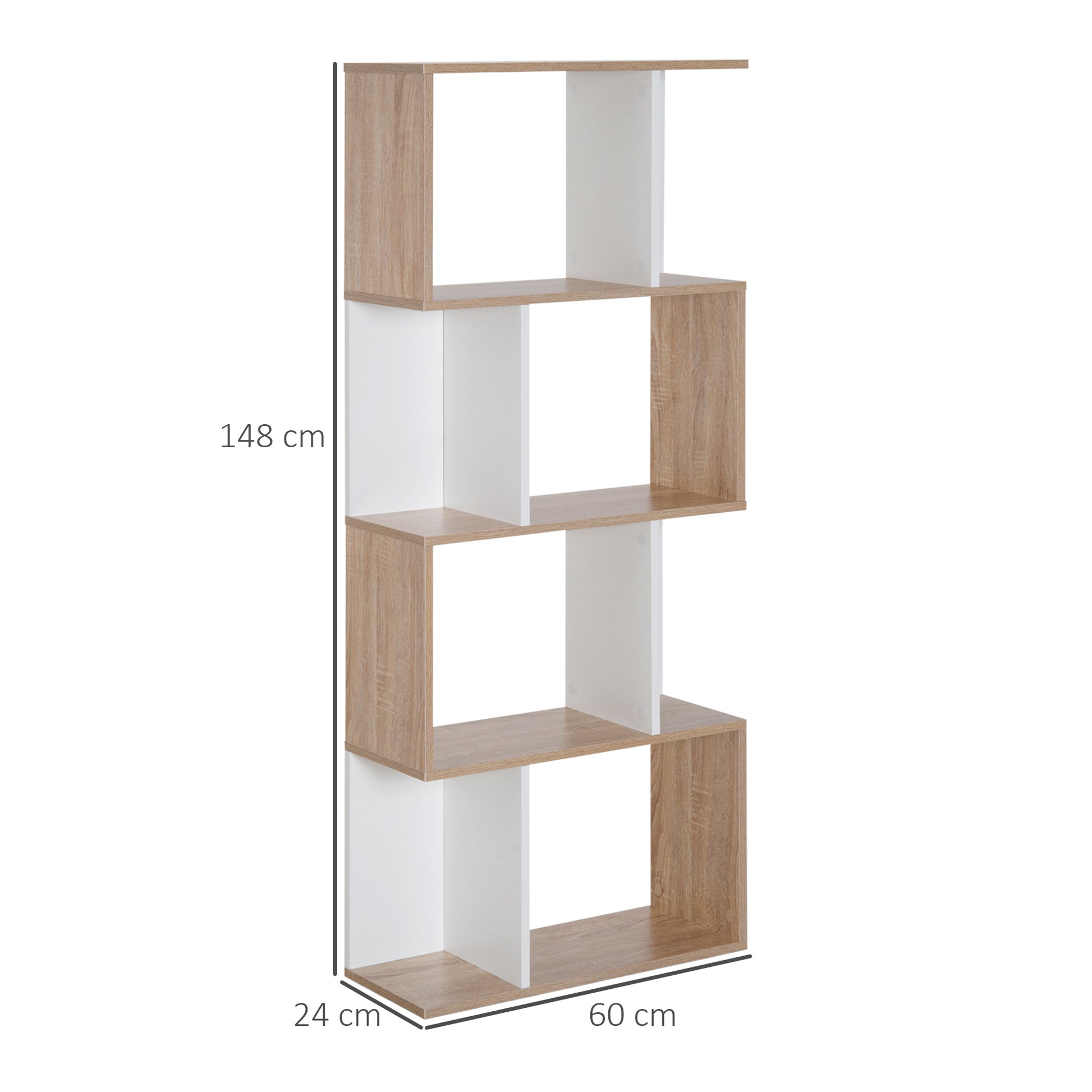 Contemporary S-Shaped Design Bookcase Shelf Storage Unit 4 Shelves 60L x 24W x 148H cm Oak White