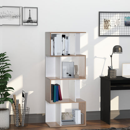 Contemporary S-Shaped Design Bookcase Shelf Storage Unit 4 Shelves 60L x 24W x 148H cm Oak White