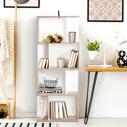 Contemporary S-Shaped Design Bookcase Shelf Storage Unit 4 Shelves 60L x 24W x 148H cm Oak White