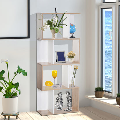 Contemporary S-Shaped Design Bookcase Shelf Storage Unit 4 Shelves 60L x 24W x 148H cm Oak White