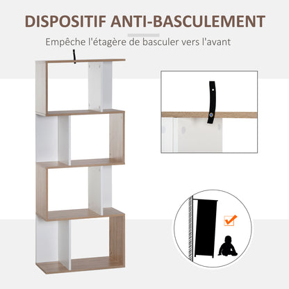 Contemporary S-Shaped Design Bookcase Shelf Storage Unit 4 Shelves 60L x 24W x 148H cm Oak White
