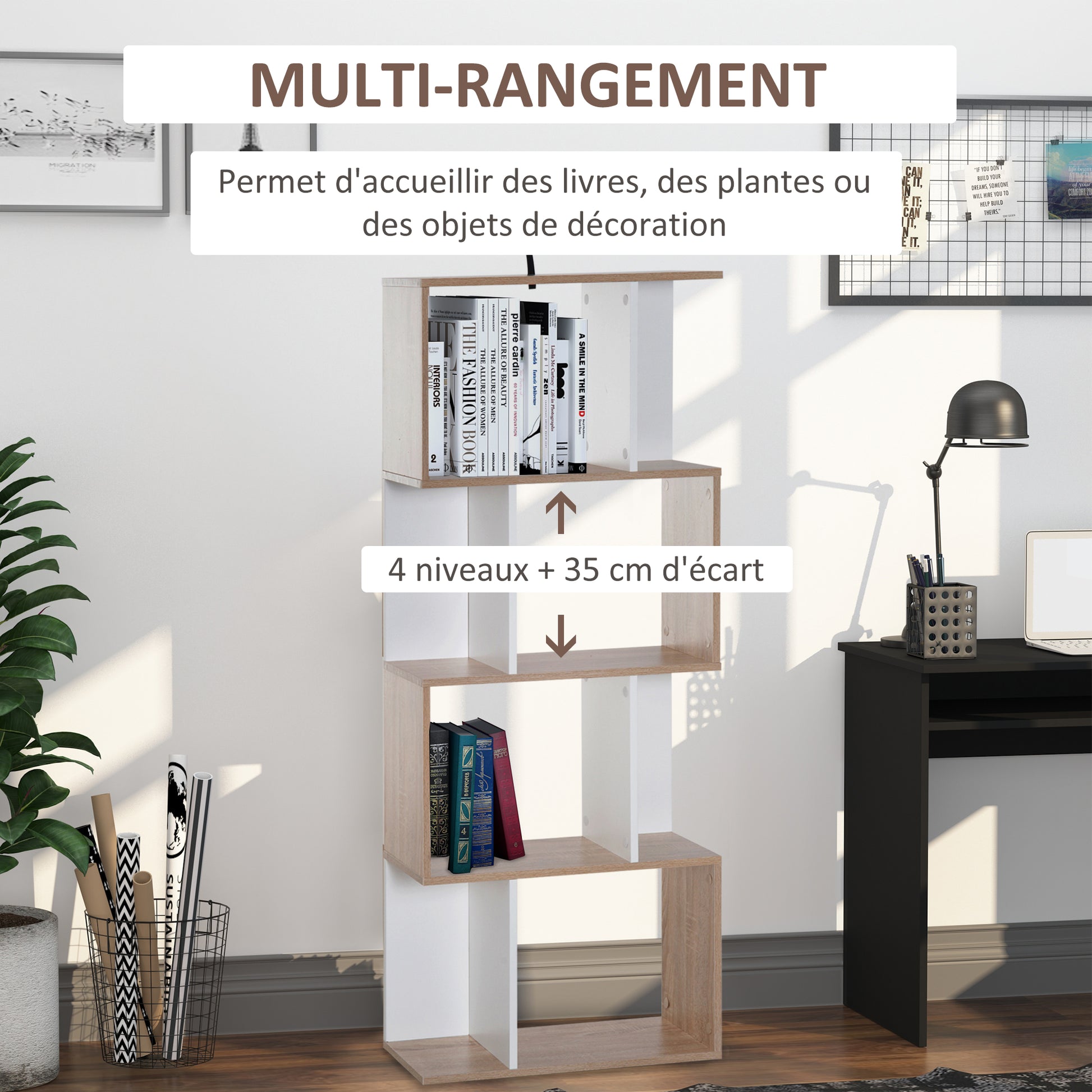 Contemporary S-Shaped Design Bookcase Shelf Storage Unit 4 Shelves 60L x 24W x 148H cm Oak White