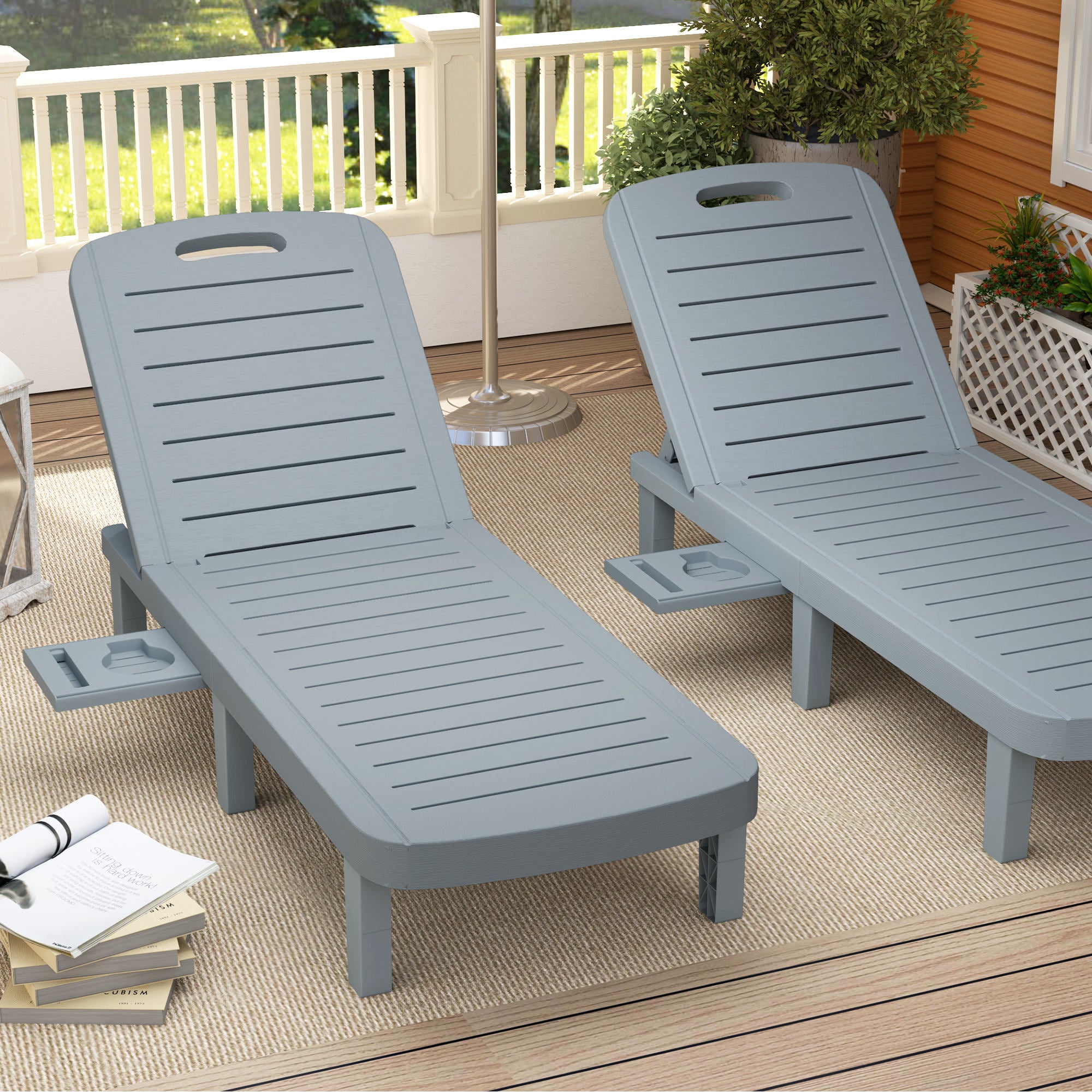 Set of 2 Sun Loungers, Lounger with Retractable Trays, Reclining Outdoor Garden Lounger, Wood Effect Surface for Beach Relaxation Camping Pool Terrace, 62 x 158 x 88 cm, Dark Gray