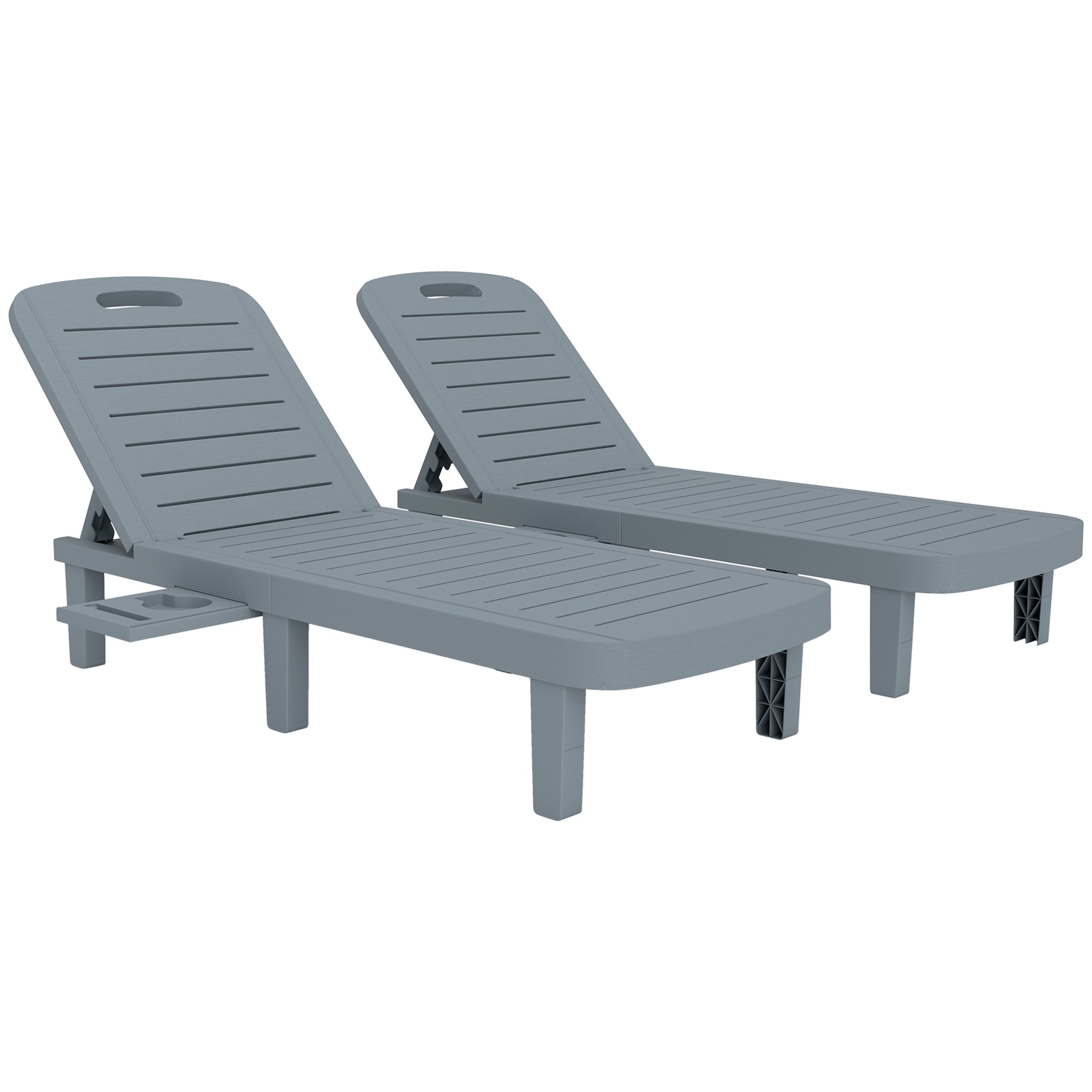 Set of 2 Sun Loungers, Lounger with Retractable Trays, Reclining Outdoor Garden Lounger, Wood Effect Surface for Beach Relaxation Camping Pool Terrace, 62 x 158 x 88 cm, Dark Gray