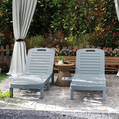 Set of 2 Sun Loungers, Lounger with Retractable Trays, Reclining Outdoor Garden Lounger, Wood Effect Surface for Beach Relaxation Camping Pool Terrace, 62 x 158 x 88 cm, Dark Gray