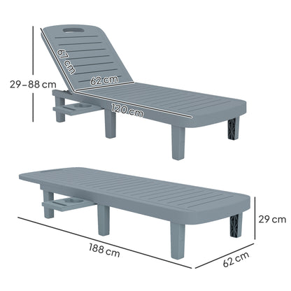 Set of 2 Sun Loungers, Lounger with Retractable Trays, Reclining Outdoor Garden Lounger, Wood Effect Surface for Beach Relaxation Camping Pool Terrace, 62 x 158 x 88 cm, Dark Gray