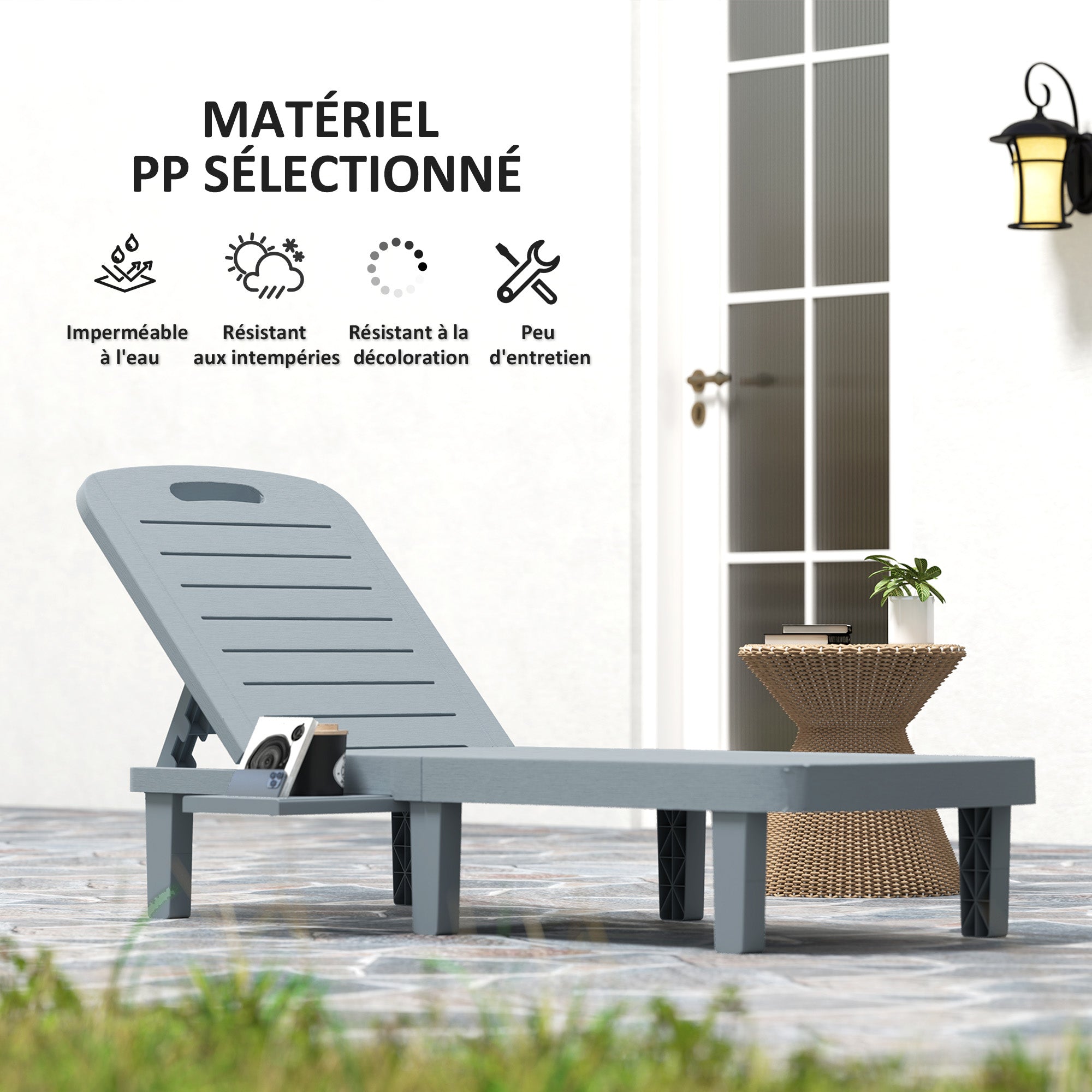 Set of 2 Sun Loungers, Lounger with Retractable Trays, Reclining Outdoor Garden Lounger, Wood Effect Surface for Beach Relaxation Camping Pool Terrace, 62 x 158 x 88 cm, Dark Gray