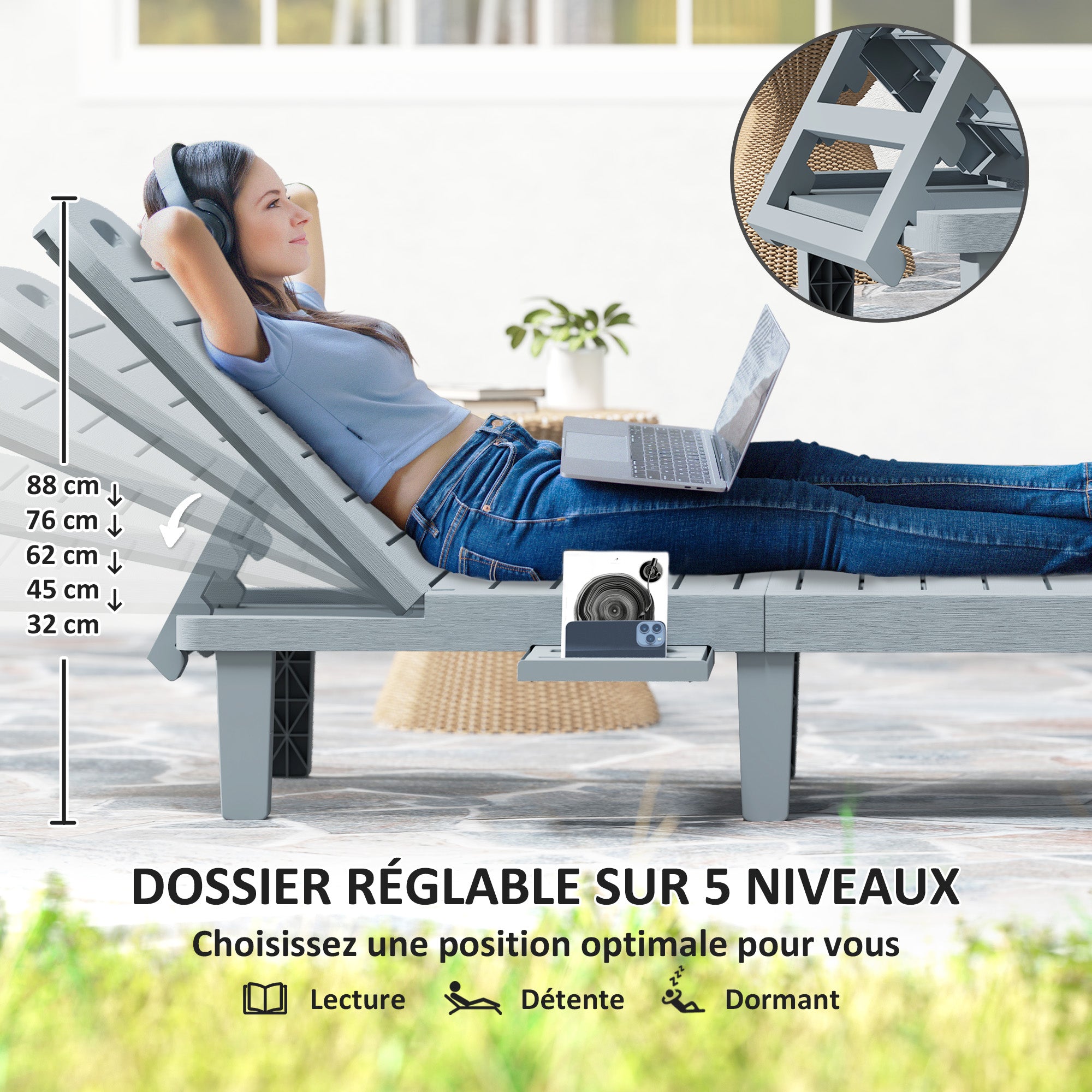 Set of 2 Sun Loungers, Lounger with Retractable Trays, Reclining Outdoor Garden Lounger, Wood Effect Surface for Beach Relaxation Camping Pool Terrace, 62 x 158 x 88 cm, Dark Gray