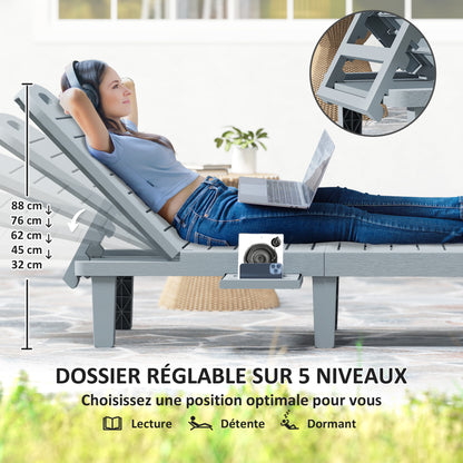 Set of 2 Sun Loungers, Lounger with Retractable Trays, Reclining Outdoor Garden Lounger, Wood Effect Surface for Beach Relaxation Camping Pool Terrace, 62 x 158 x 88 cm, Dark Gray