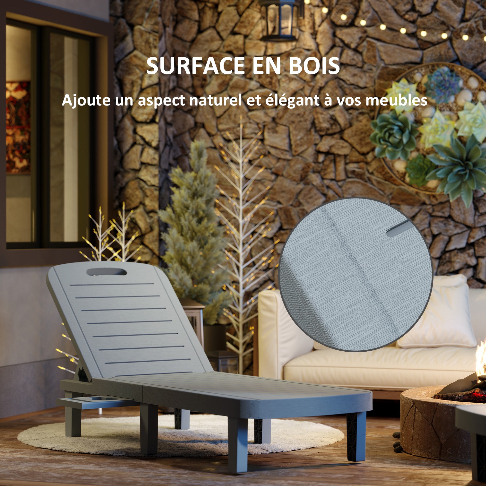 Set of 2 Sun Loungers, Lounger with Retractable Trays, Reclining Outdoor Garden Lounger, Wood Effect Surface for Beach Relaxation Camping Pool Terrace, 62 x 158 x 88 cm, Dark Gray