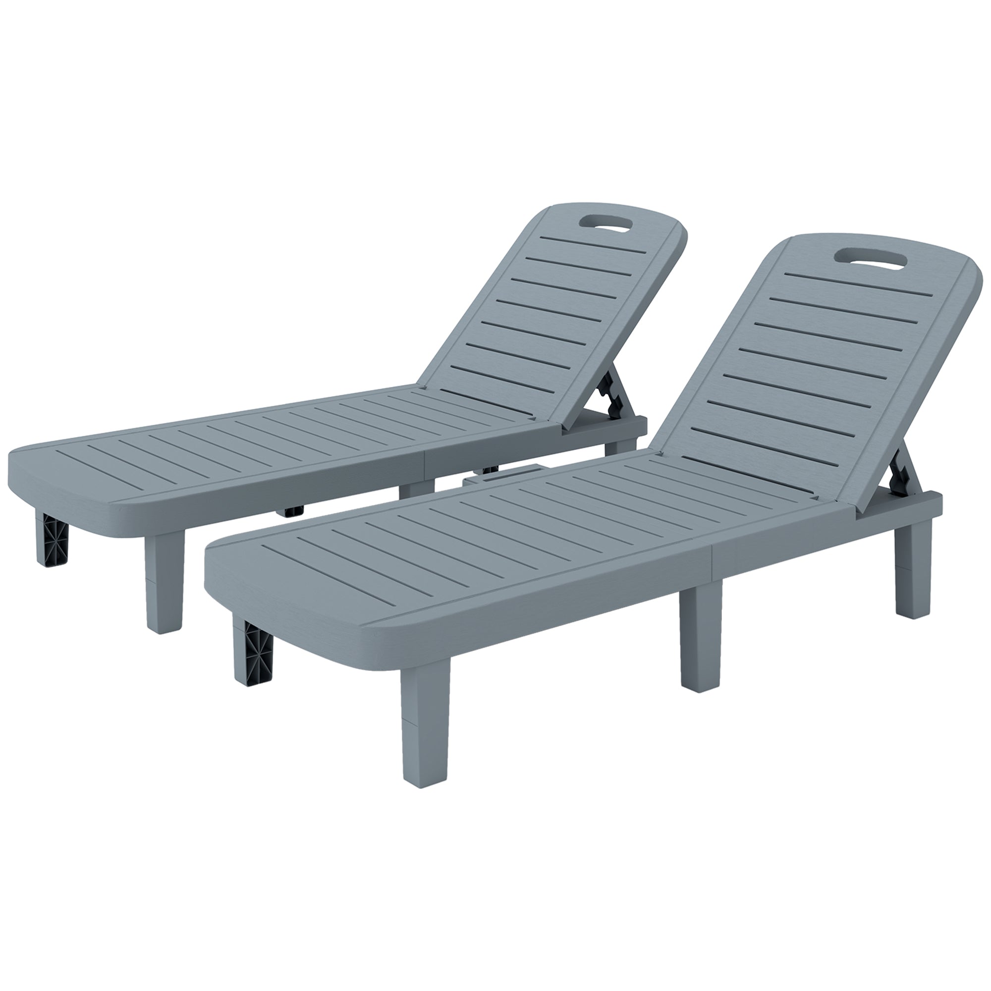 Set of 2 Sun Loungers, Lounger with Retractable Trays, Reclining Outdoor Garden Lounger, Wood Effect Surface for Beach Relaxation Camping Pool Terrace, 62 x 158 x 88 cm, Dark Gray
