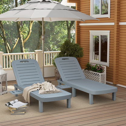 Set of 2 Sun Loungers, Lounger with Retractable Trays, Reclining Outdoor Garden Lounger, Wood Effect Surface for Beach Relaxation Camping Pool Terrace, 62 x 158 x 88 cm, Dark Gray