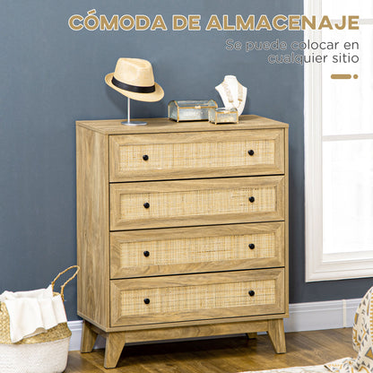 4-Drawer Narrow Dresser with Rattan Fronts and Elevated Legs Bedroom Dresser Drawers for Living Room Office 80x35x95 cm Natural
