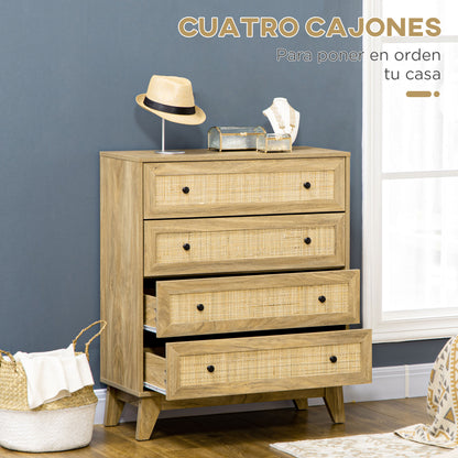 4-Drawer Narrow Dresser with Rattan Fronts and Elevated Legs Bedroom Dresser Drawers for Living Room Office 80x35x95 cm Natural