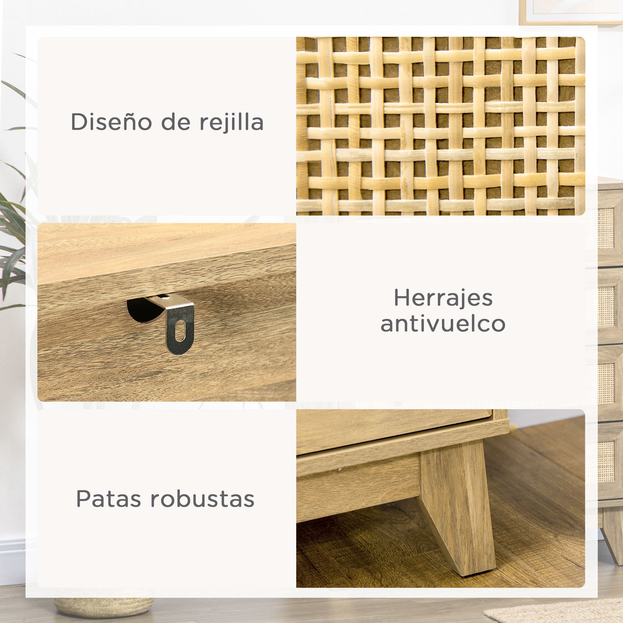 4-Drawer Narrow Dresser with Rattan Fronts and Elevated Legs Bedroom Dresser Drawers for Living Room Office 80x35x95 cm Natural