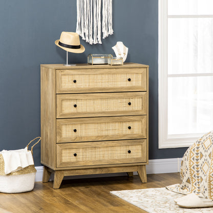 4-Drawer Narrow Dresser with Rattan Fronts and Elevated Legs Bedroom Dresser Drawers for Living Room Office 80x35x95 cm Natural
