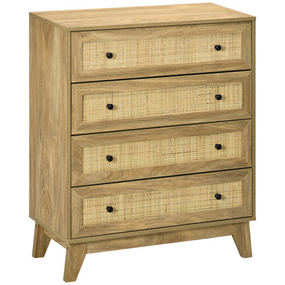 4-Drawer Narrow Dresser with Rattan Fronts and Elevated Legs Bedroom Dresser Drawers for Living Room Office 80x35x95 cm Natural