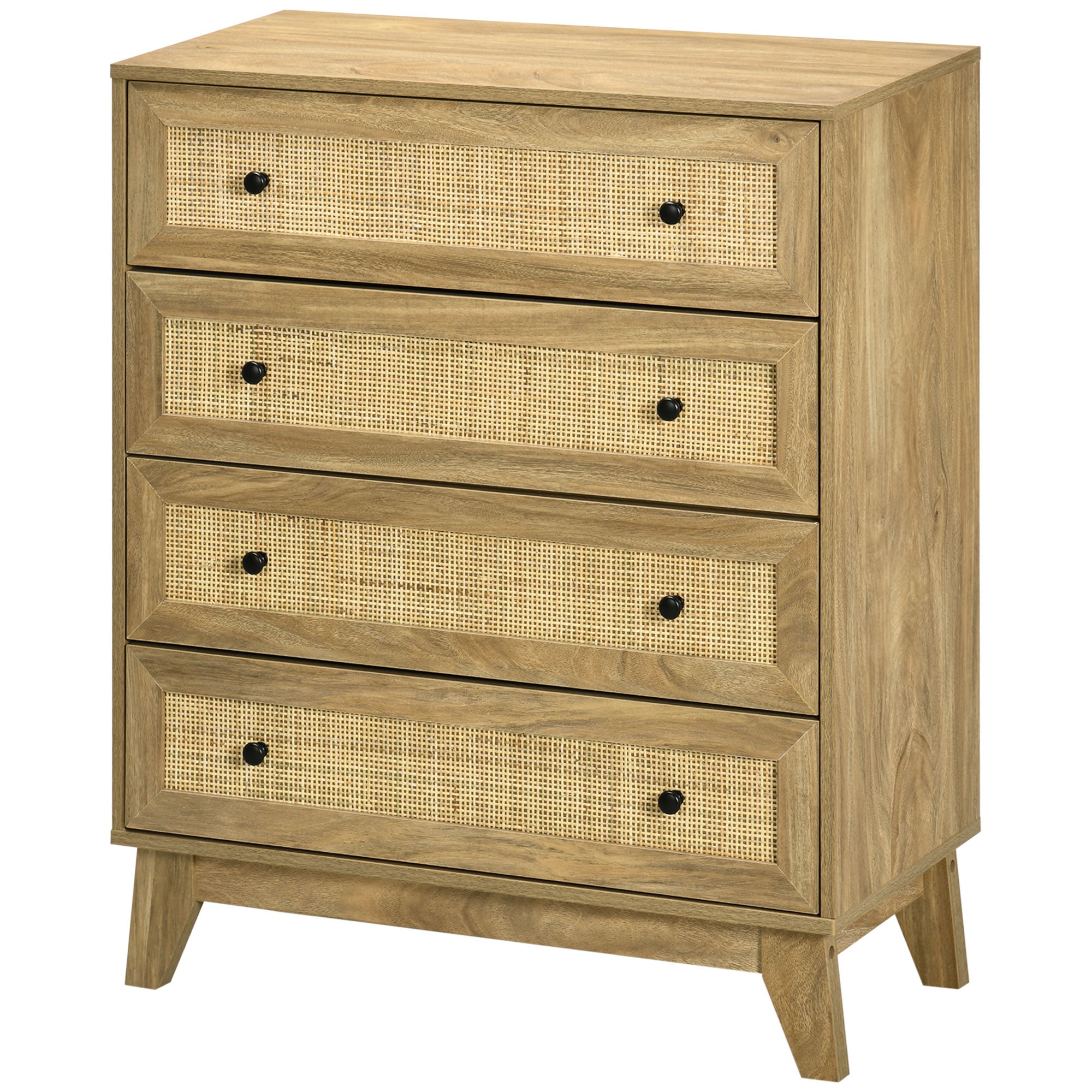 4-Drawer Narrow Dresser with Rattan Fronts and Elevated Legs Bedroom Dresser Drawers for Living Room Office 80x35x95 cm Natural